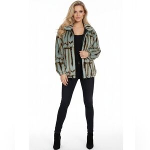 Love Token Multicolored Faux-Fur Zippered Jacket-blue/brown.